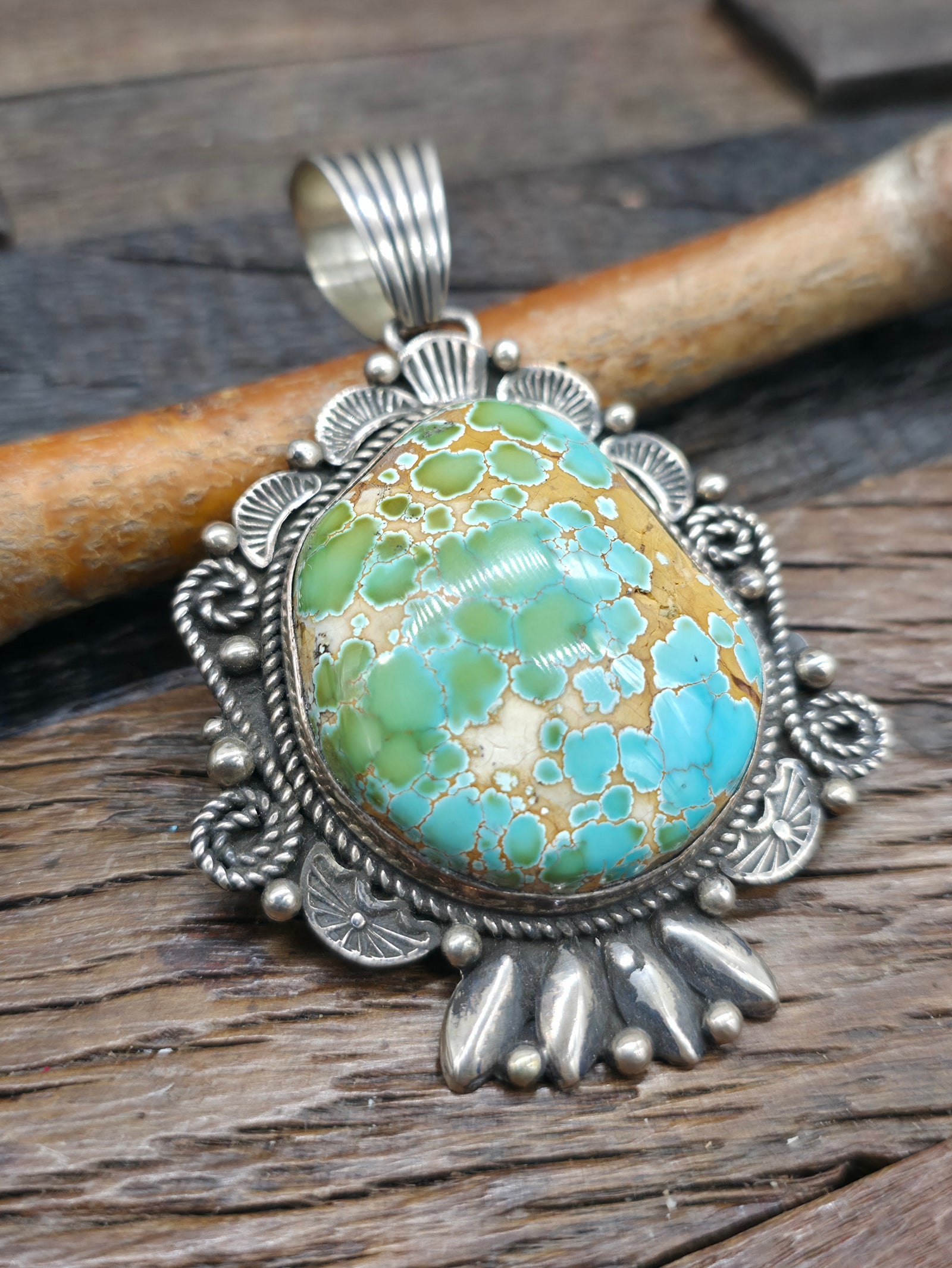 Sterling Silver Carico Lake Turquoise Pendant by Geneva Apachito - 3 1/4 in. by 2 in.