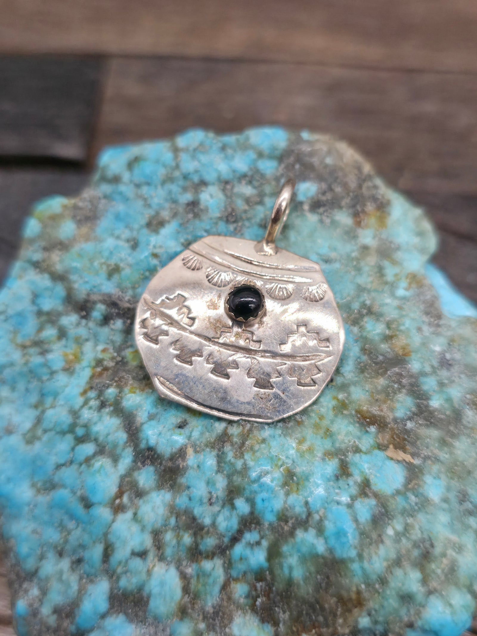 Stamped Sterling Silver Pot Pendant by Lucille Platero - Onyx - 1 1/4 in. by 1 in.