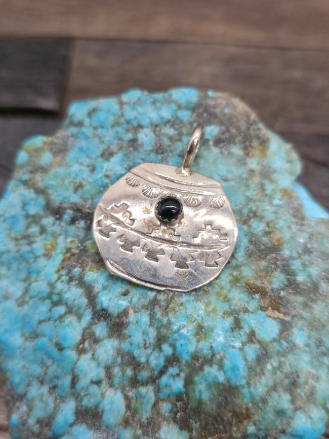 Stamped Sterling Silver Pot Pendant by Lucille Platero - Onyx - 1 1/4 in. by 1 in.