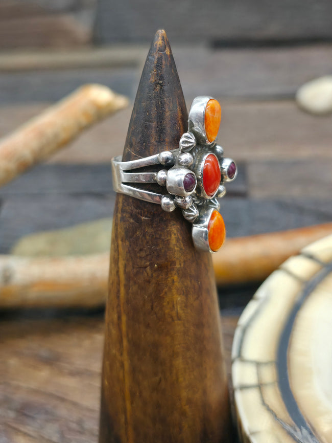Coral and Orange and Purple Spiny Sterling Silver Ring by Linda Yazzie - Size 6 3/4