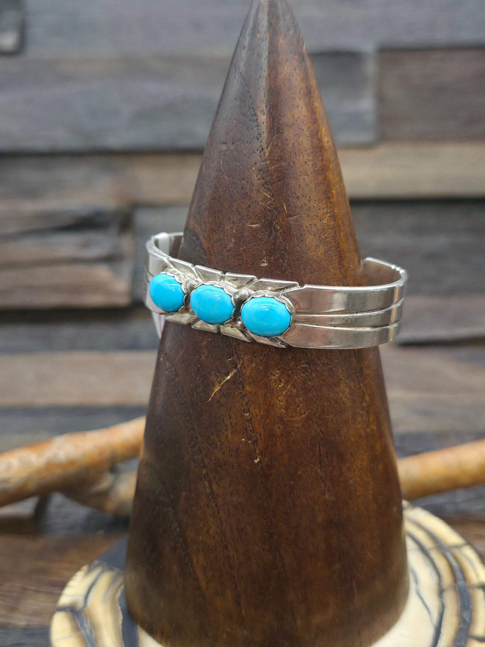 Three Stone Turquoise and Sterling Silver Cuff by Joann Spencer - 6 1/2 in.