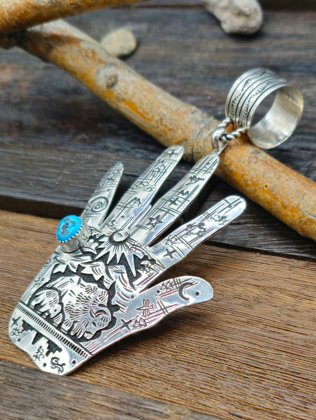Large Sterling Silver and Turquoise Hand Pendant by Richard Singer