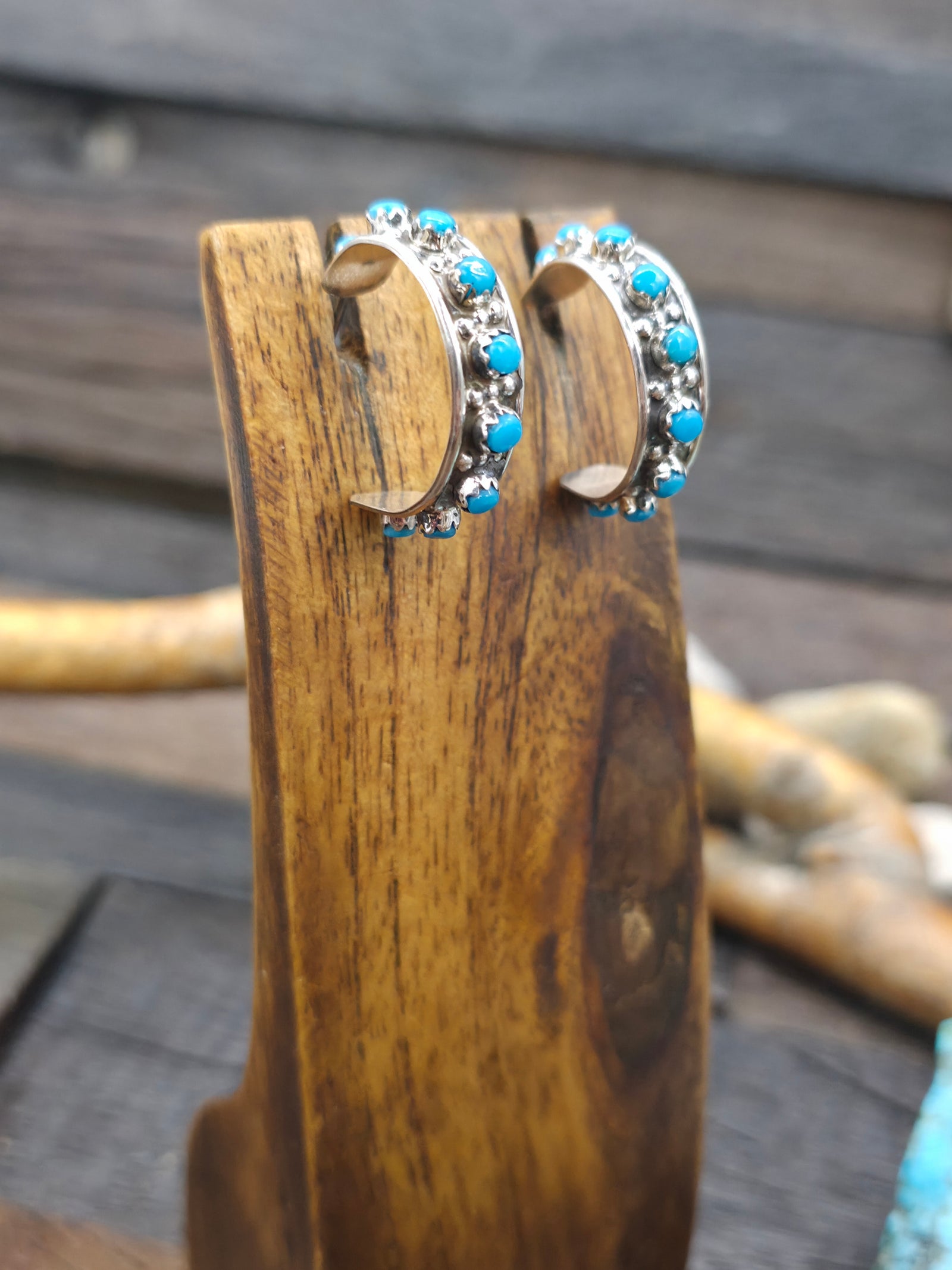 Sterling Silver Turquoise Hoop Earrings by Joanne Cheama - 1 in. by 1/4 in.