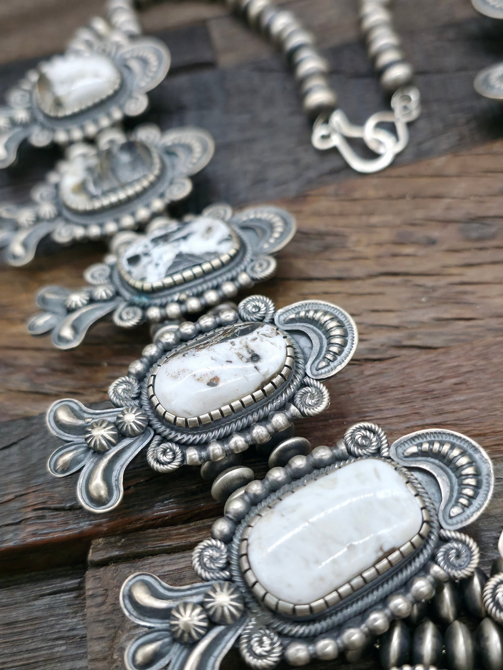 Extra Large Stamped Sterling Silver White Buffalo Squash Blossom Necklace by Leon Martinez - 30 in.