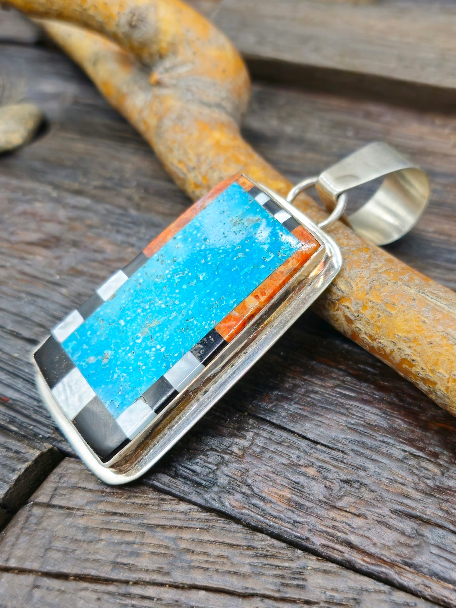 Mosaic Inlay Sterling Silver Pendant by Daniel Coriz