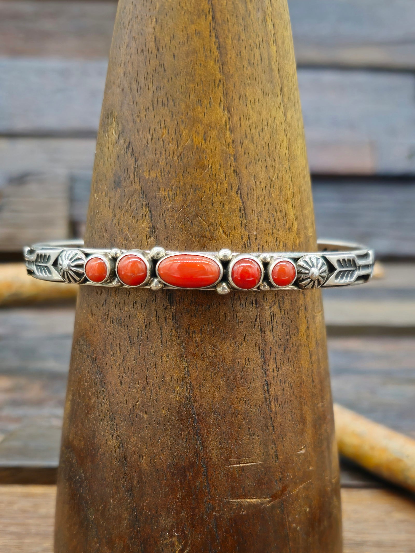 Stamped Sterling Silver Coral Cuff by Albert Jake - 7 1/2 in.