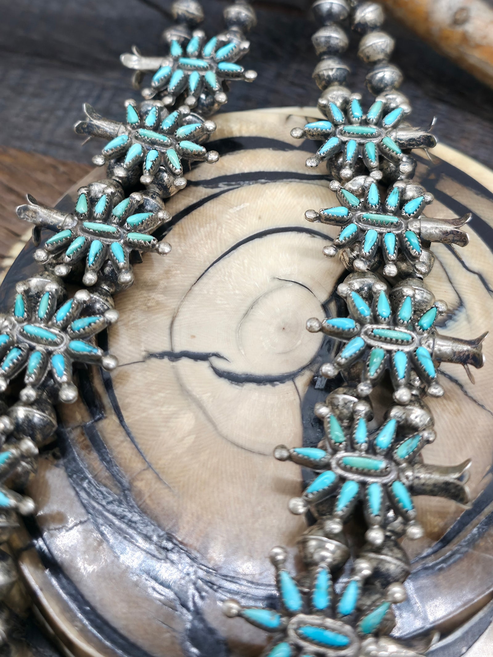 Vintage/Estate Sterling Silver Turquoise Needlepoint Squash Blossom Necklace - 26 in.