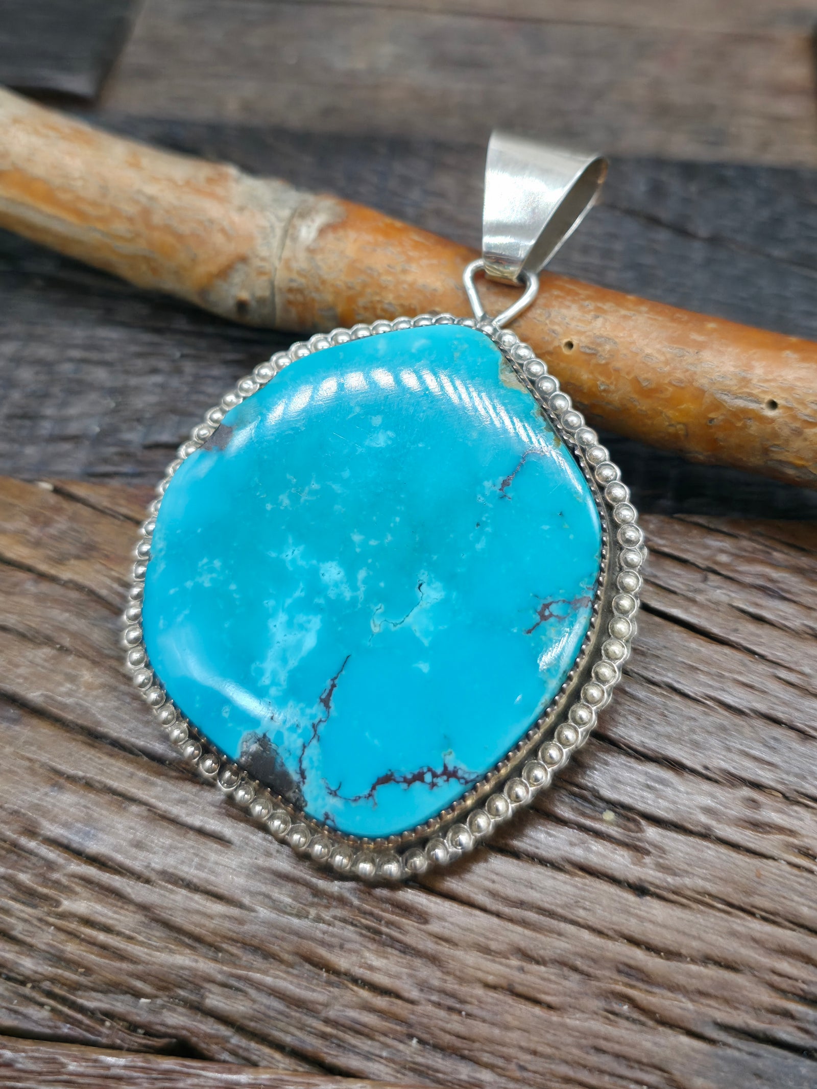Large Sterling Silver Turquoise Pendant by Bennie Benally - 3 in. by 2 in.