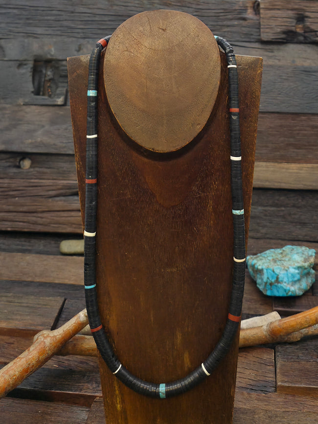 Slightly Graduated Heishi Necklace by Torevia Crespin - Jet with Turquoise Clam and Pipestone - 24 in.