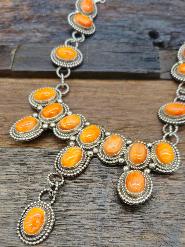 Sterling Silver and Orange Spiny Oyster Necklace - 22 in.