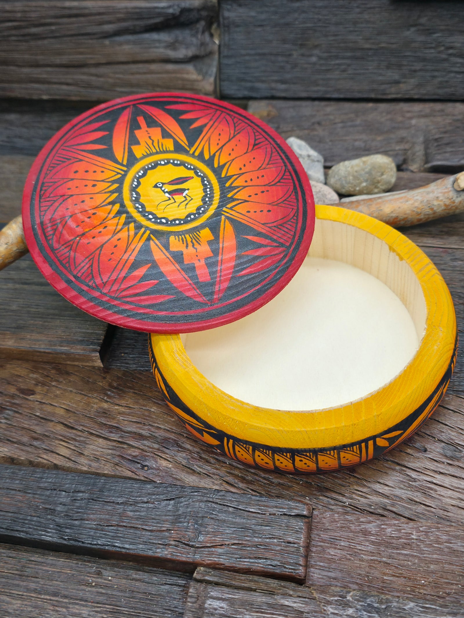Large Handpainted Wooden Trinket Box by Andy Tsosie - Rabbit - 5 in. by 5 in. by 1 1/4 in.