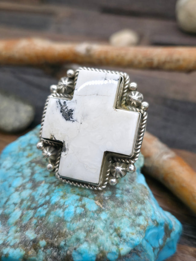 Large White Buffalo Sterling Silver Santa Fe Cross Statement Ring by Richard Jim - Size 9 1/2