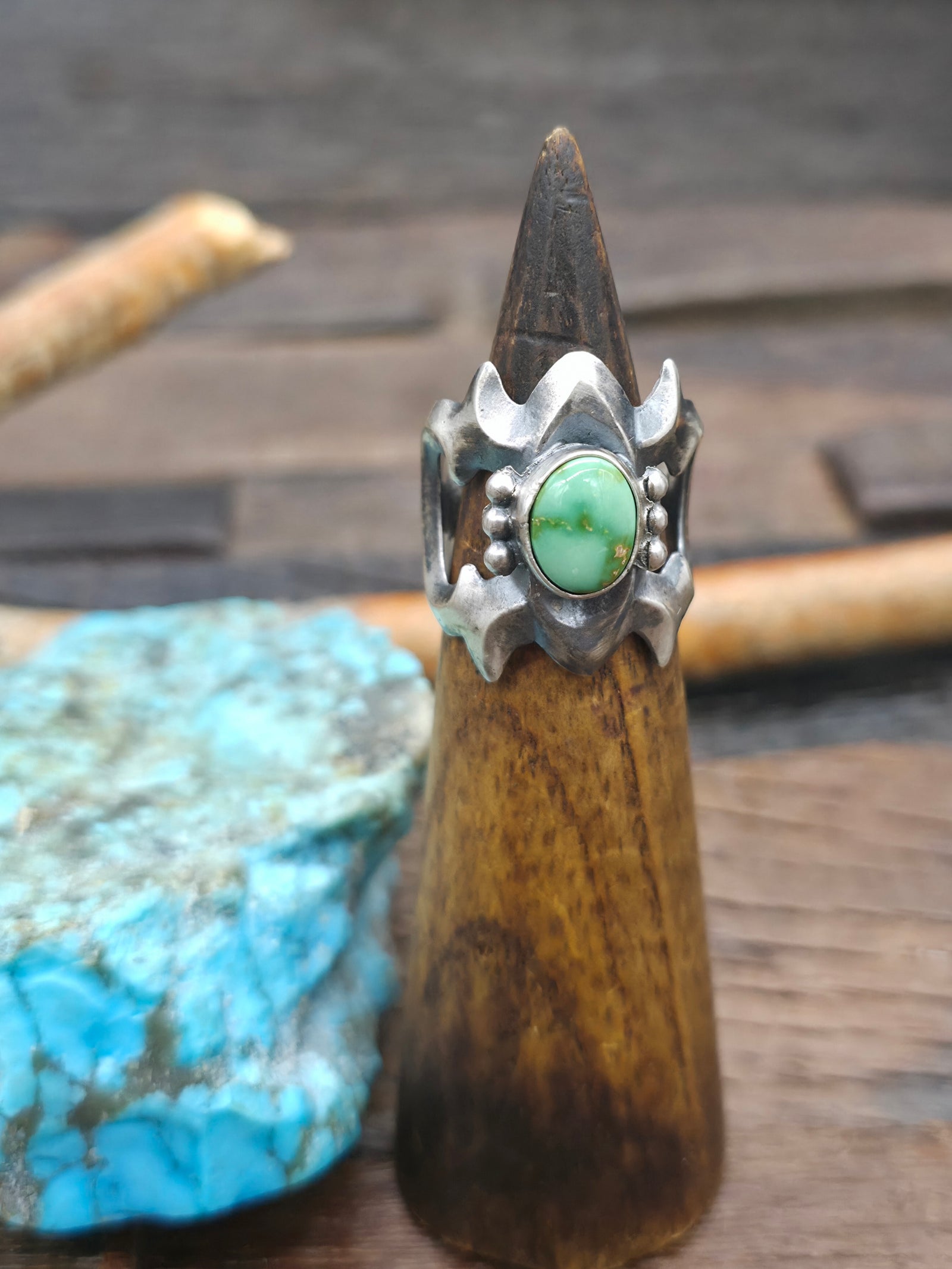 Cast Sterling Silver Sonoran Turquoise Ring by Harrison Bitsue - Size 8