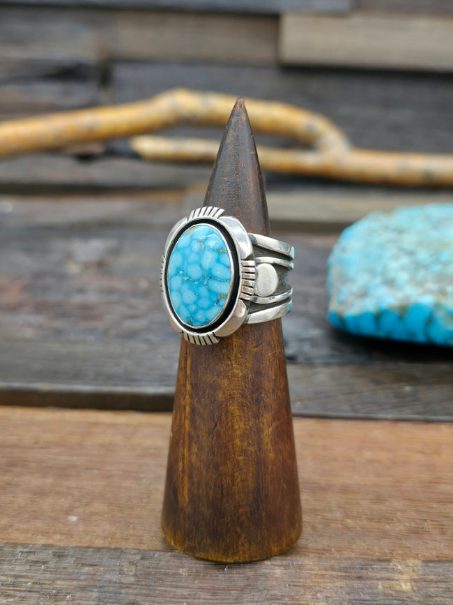 Wide Turquoise and Sterling Silver Ring by C. Willie - Size 10 1/2