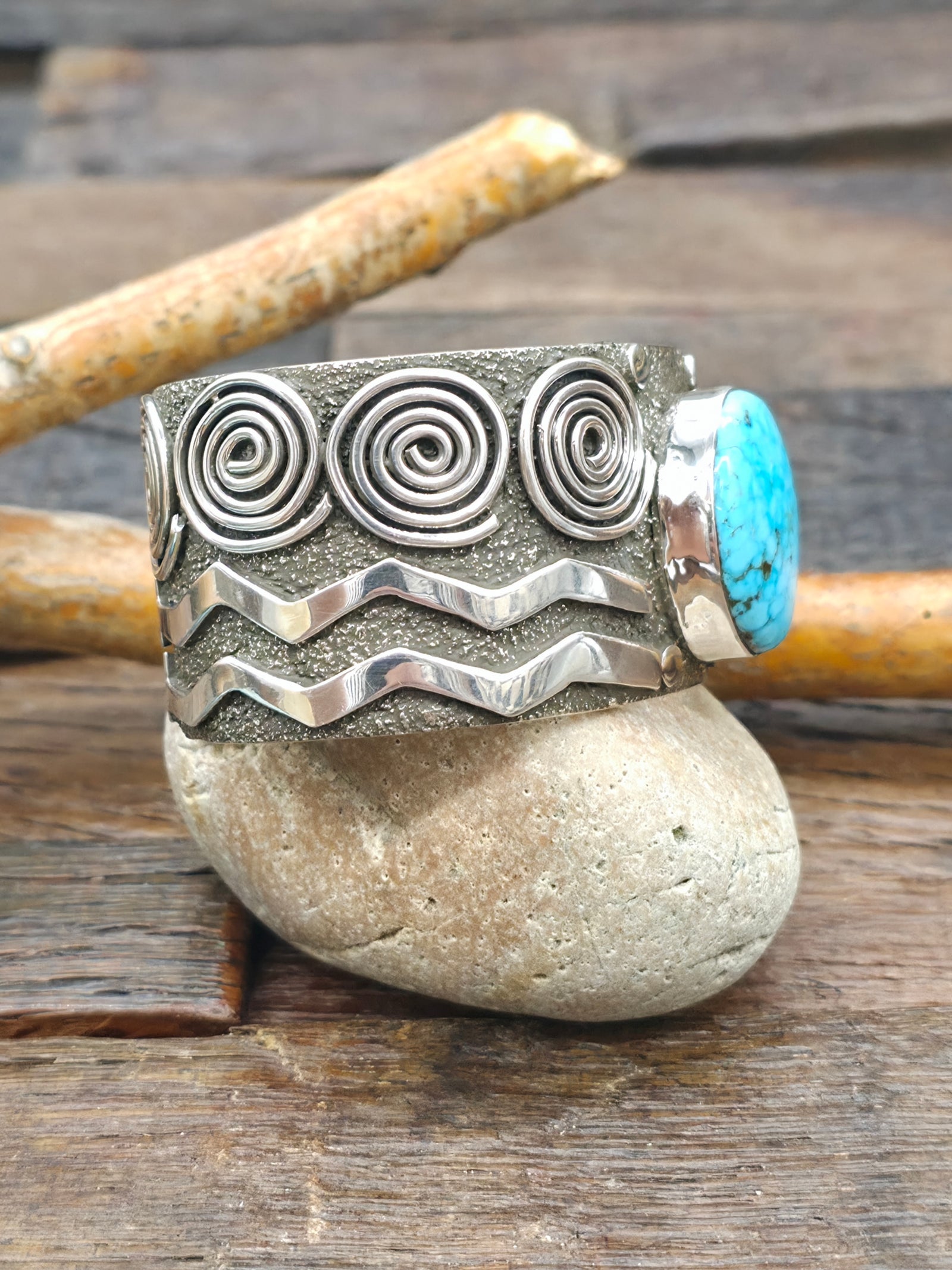 Petroglyph Sterling Silver & Kingman Turquoise Cuff by Alex Sanchez - 6 1/2 in. with Gap