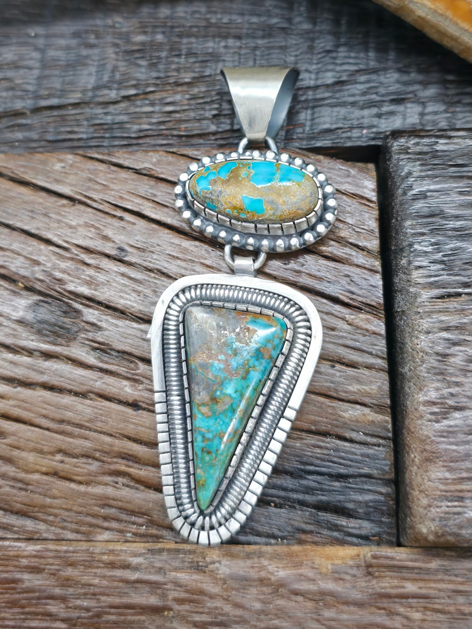 Sterling Silver Two Stone Blue Gem Turquoise Pendant by Walter Vandever - 3 in. by 1 in.