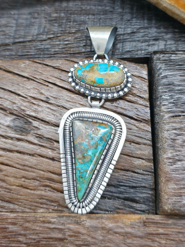 Sterling Silver Two Stone Blue Gem Turquoise Pendant by Walter Vandever - 3 in. by 1 in.