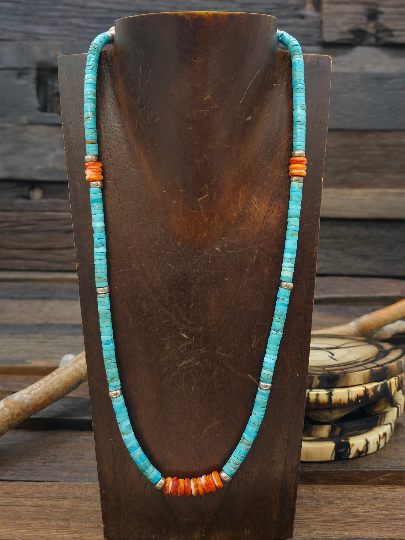 Kingman Turquoise and Spiny Oyster Heishi Necklace - 22 in.