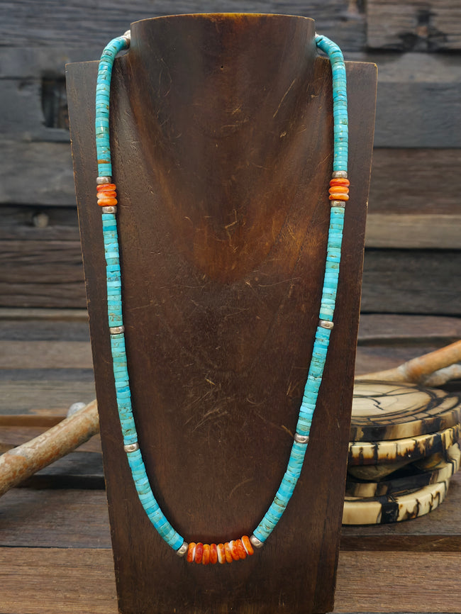 Kingman Turquoise and Spiny Oyster Heishi Necklace - 22 in.