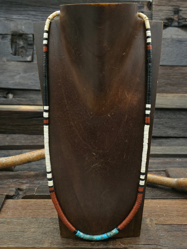 Colorblock Heishi Necklace with Turquoise, Pipestone, and Shell by Torevia Crespin - 24 in.