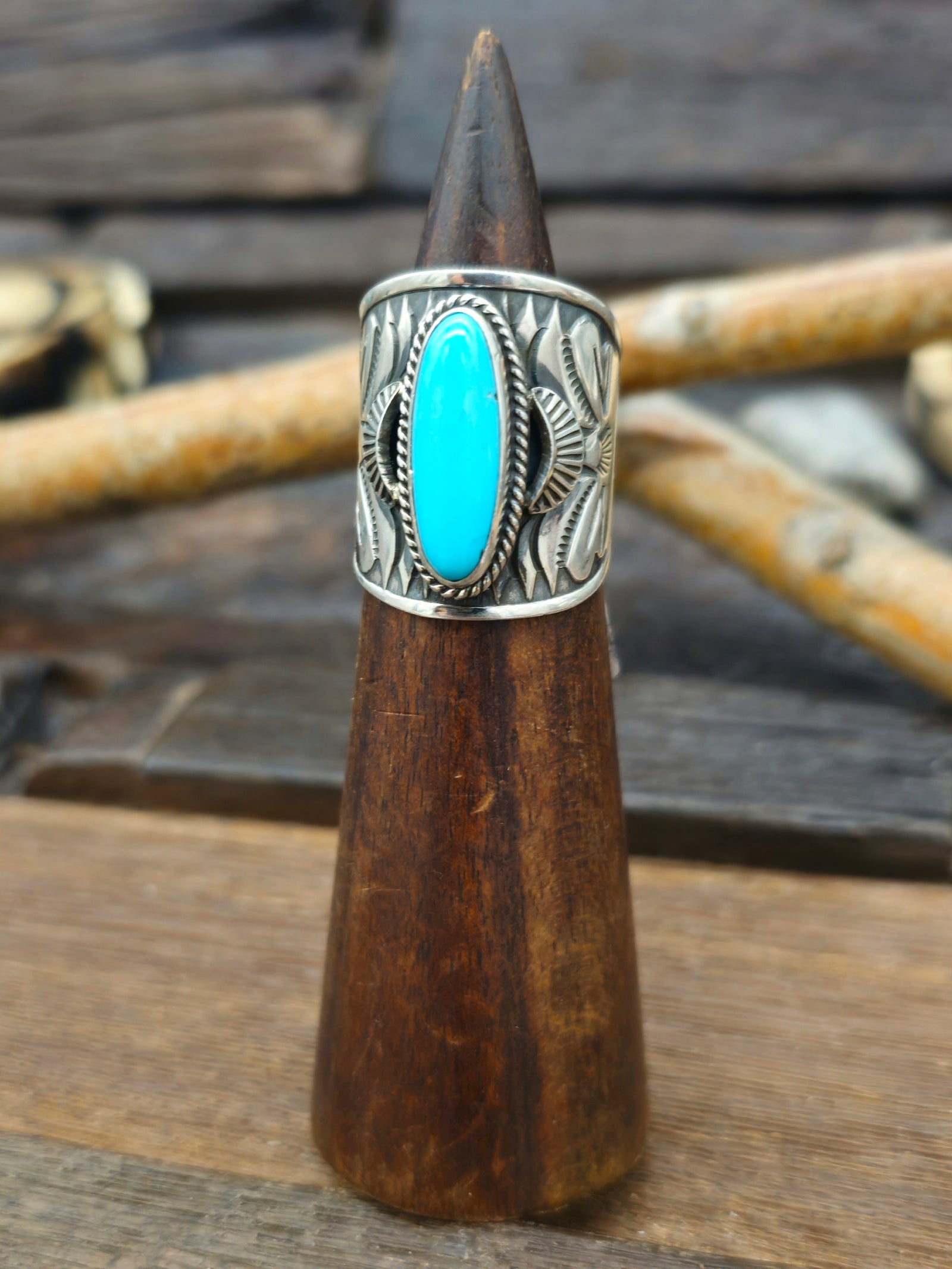 Stamped Sterling Silver Turquoise Ring by Derrick Gordon - Size 9