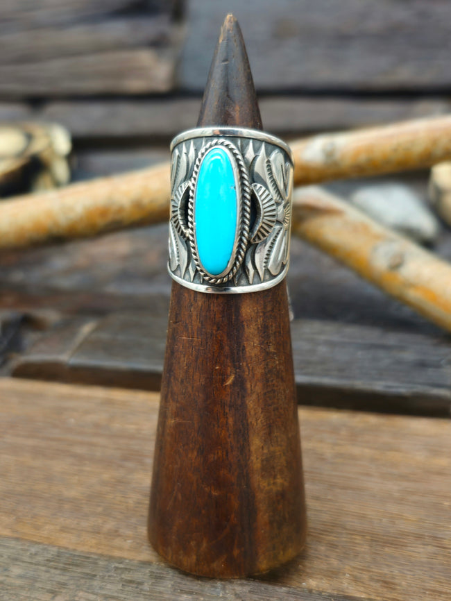 Stamped Sterling Silver Turquoise Ring by Derrick Gordon - Size 9