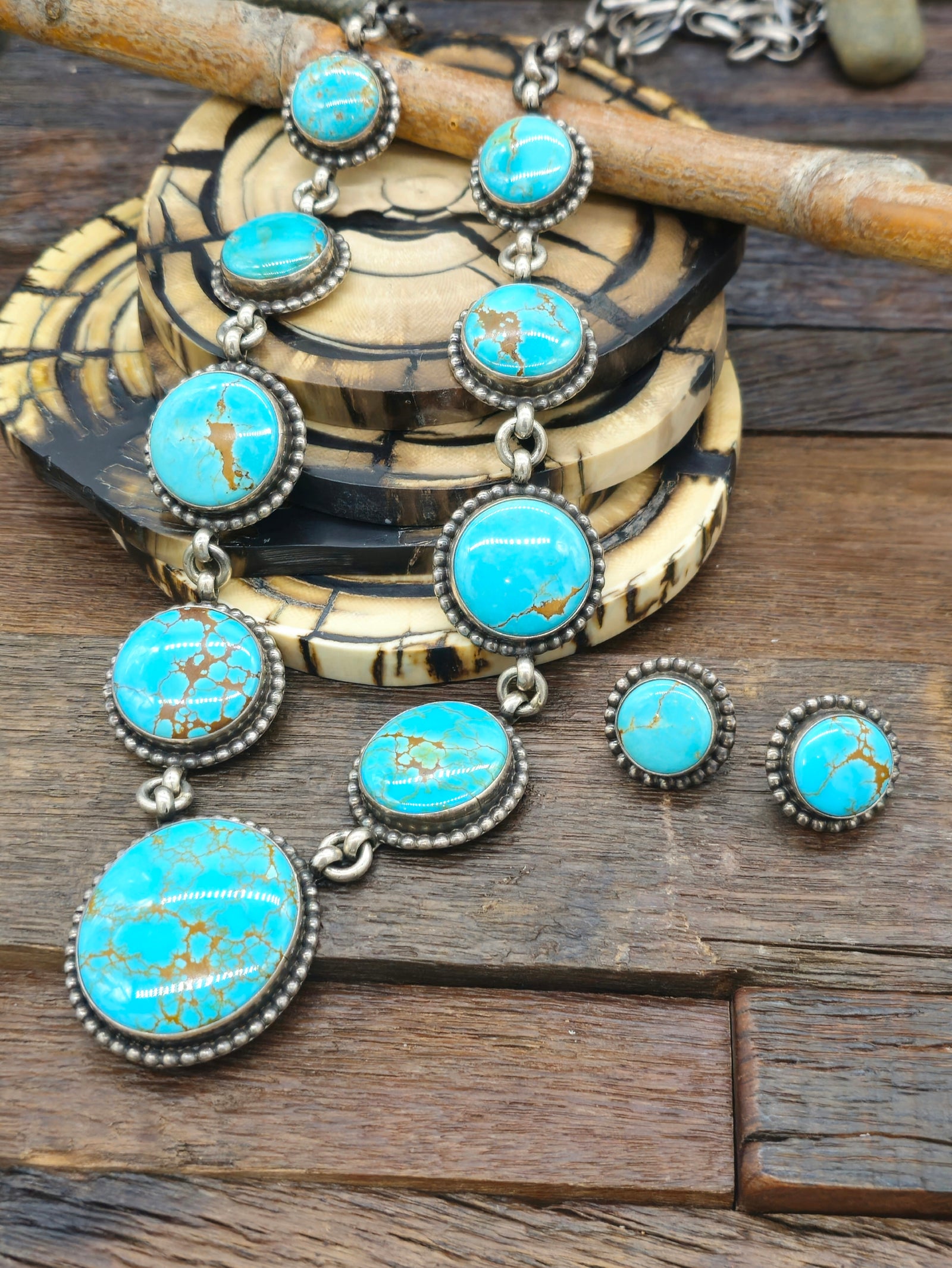 Sterling Silver and Turquoise Lariat Necklace and Earring Set by Nila Johnson - 37 in