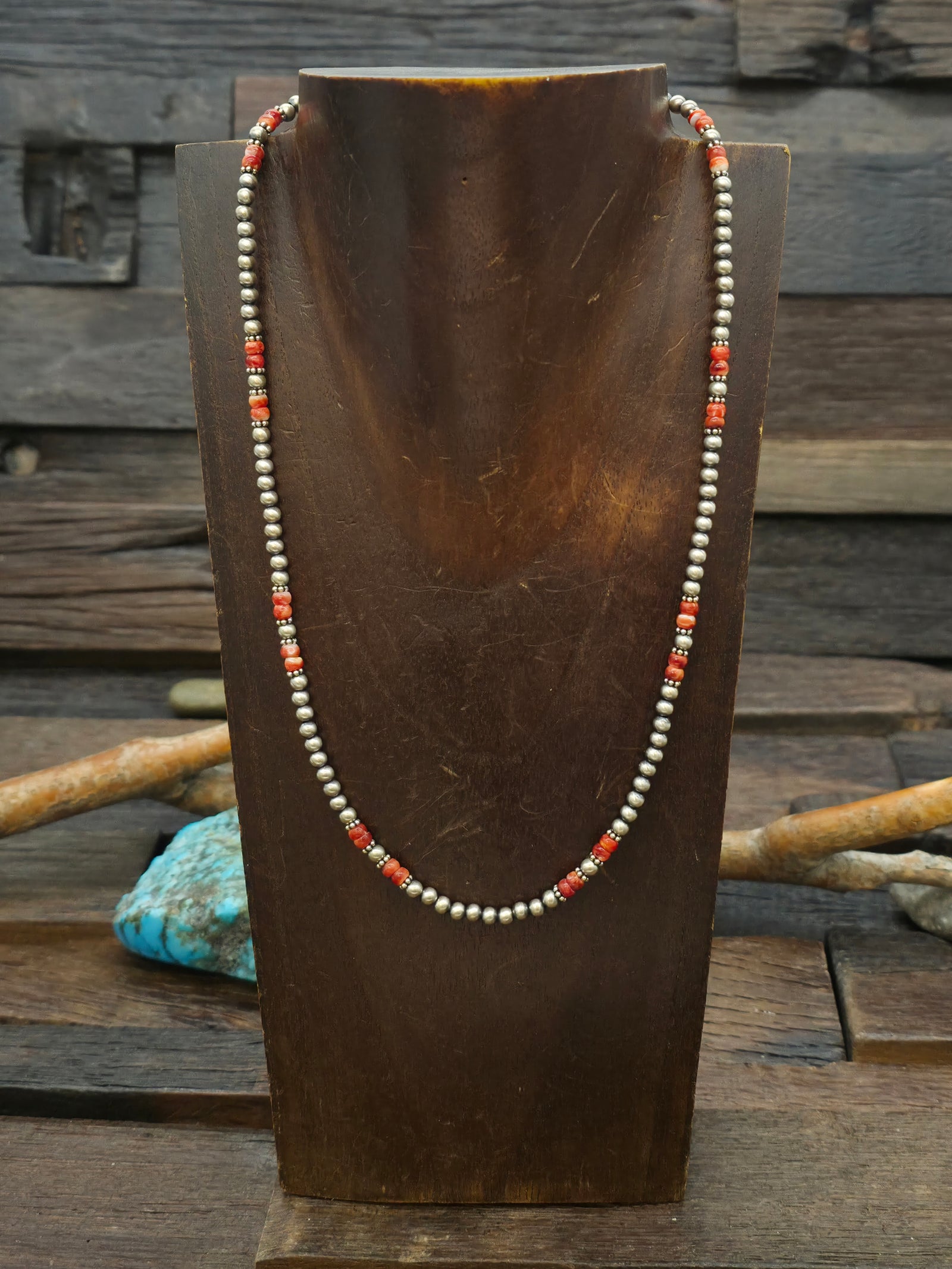 Oxidized Sterling Silver and Orange Spiny Oyster Bead Necklace - 18 in. plus 2 in. Extender