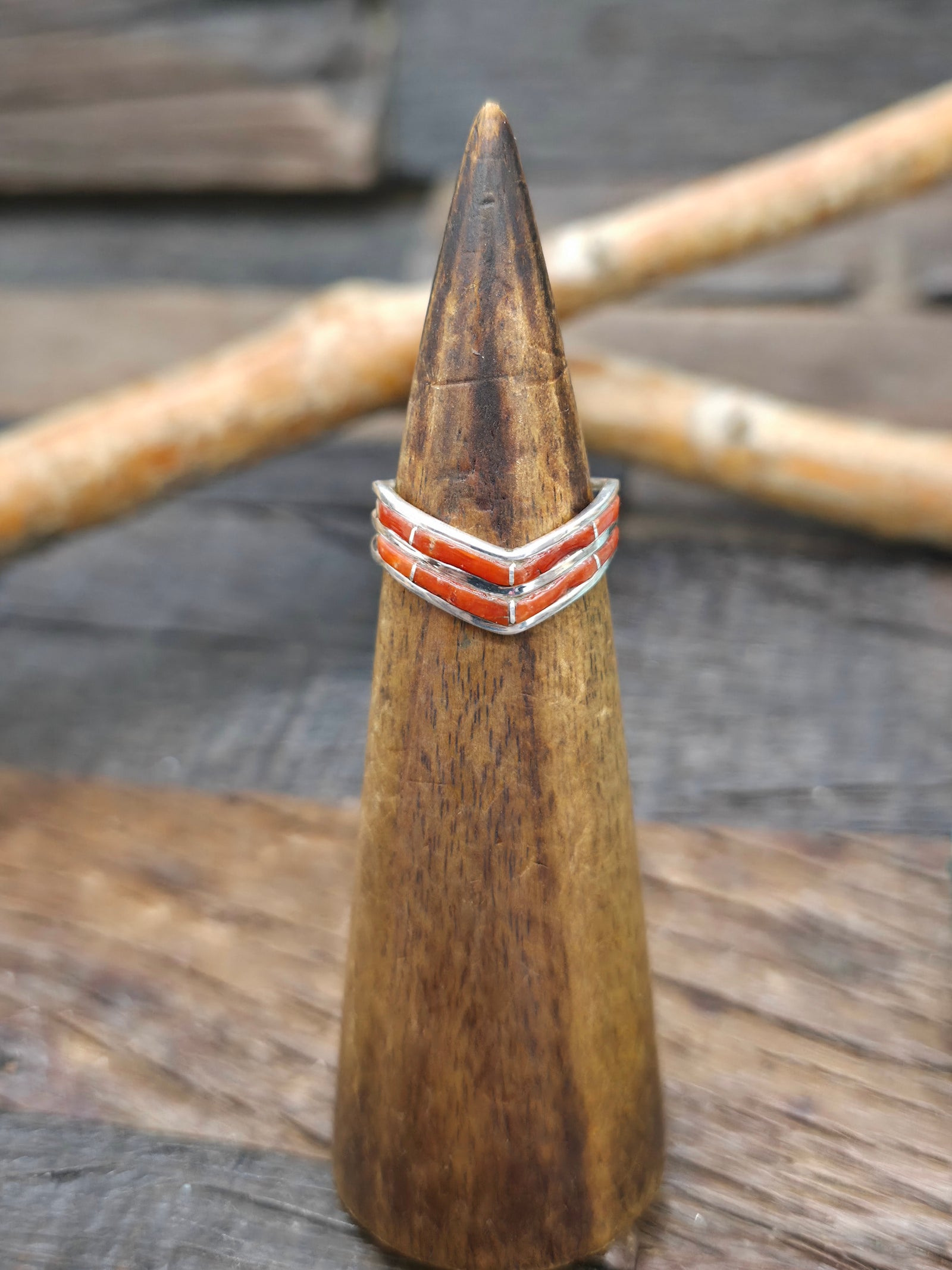 Sterling Silver Coral Inlay Chevron Ring by Andrew Enrico - Size 8 1/2