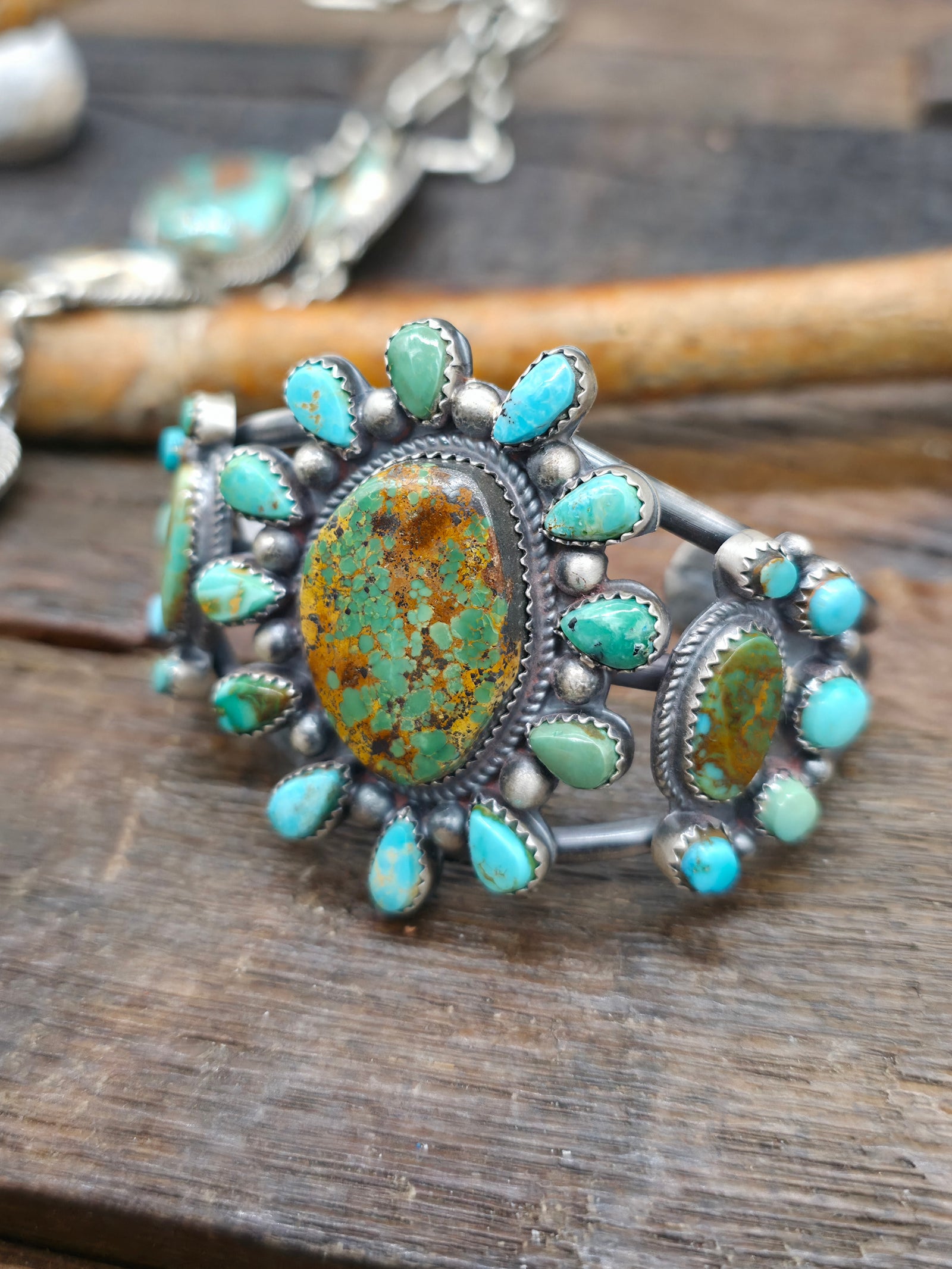 Sterling Silver Carico Lake Turquoise Cluster Cuff Bracelet by LaRose Ganadanegro - 6 1/2 in. with Gap