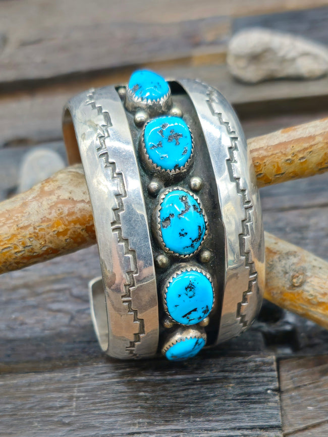 Vintage/Estate Sterling Silver Five Stone Turquoise Shadowbox Cuff - 6 1/4 in.