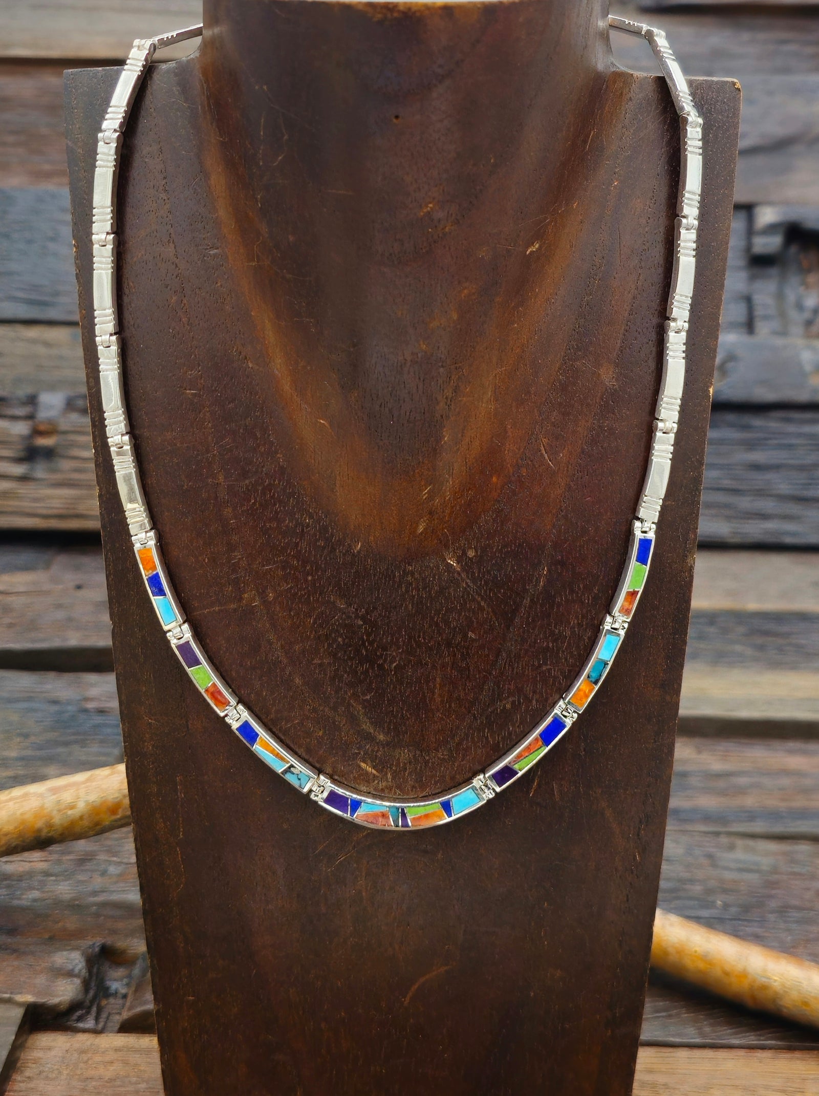 Multistone Sterling Silver Inlay Collar Necklace - 18 in.