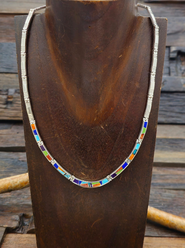 Multistone Sterling Silver Inlay Collar Necklace - 18 in.
