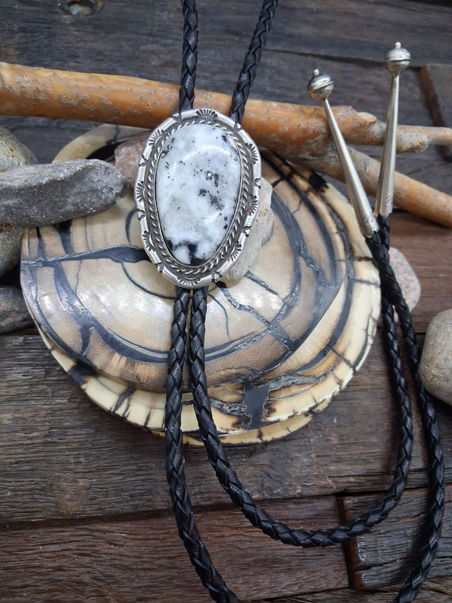 White Buffalo Stamped Sterling Silver Bolo