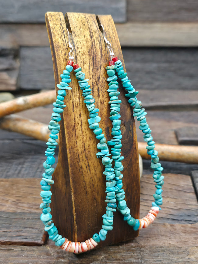 Spiny Oyster and Turquoise Nugget Jacla Earrings by Sharon Garcia - 5 in. by 1 1/2 in.