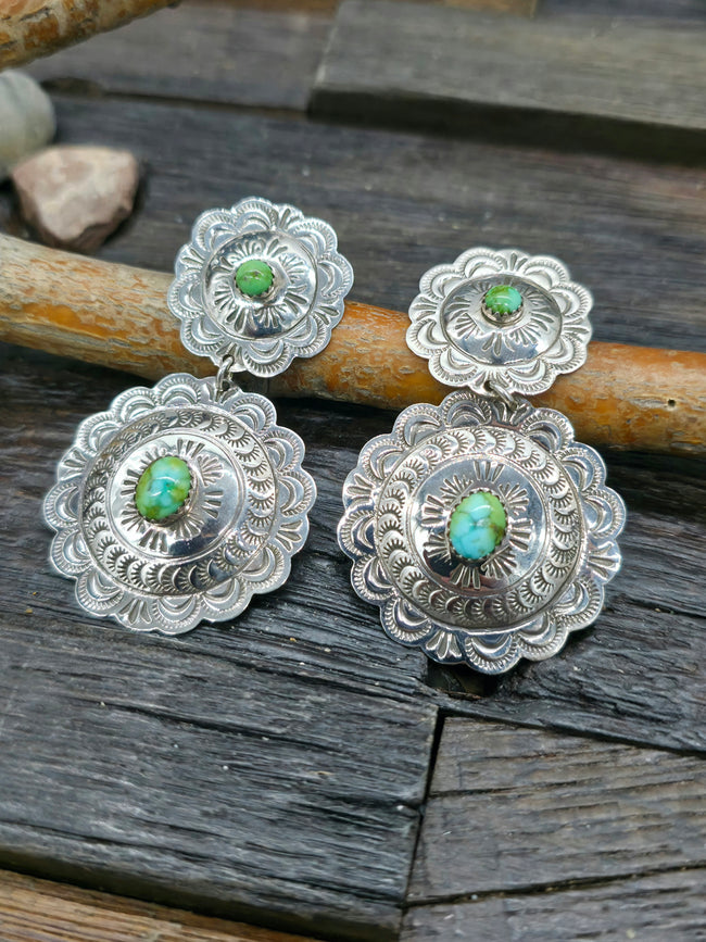 Stamped Sterling Silver and Green Turquoise Earrings by Bertha Begay