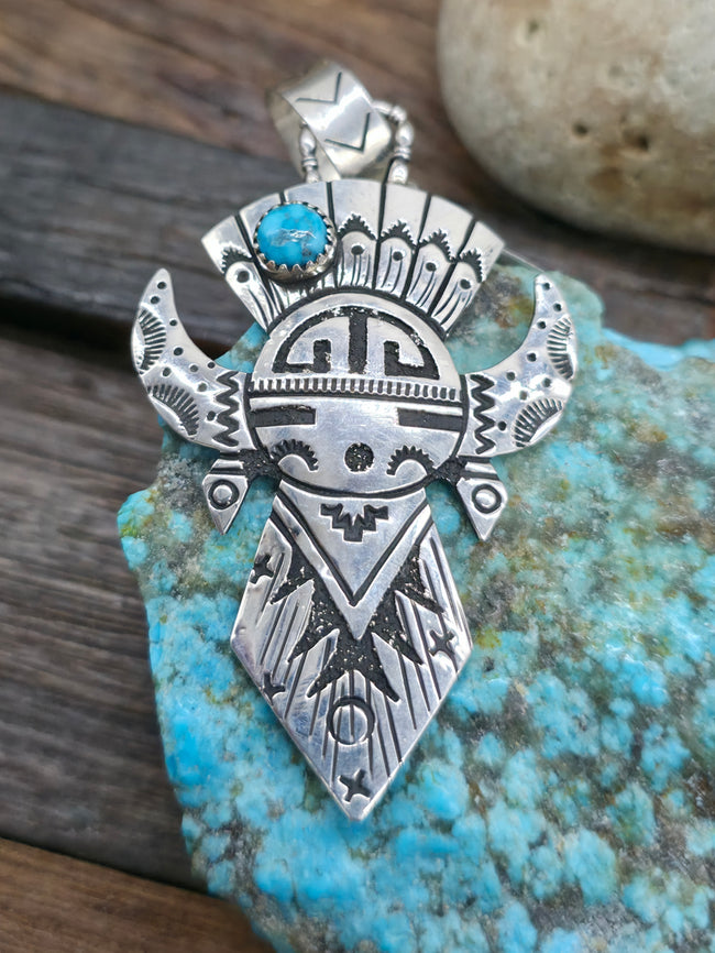 Sterling Silver Turquoise Kachina Pendant by Richard Singer - 3 1/4 in. by 1 3/4 in.