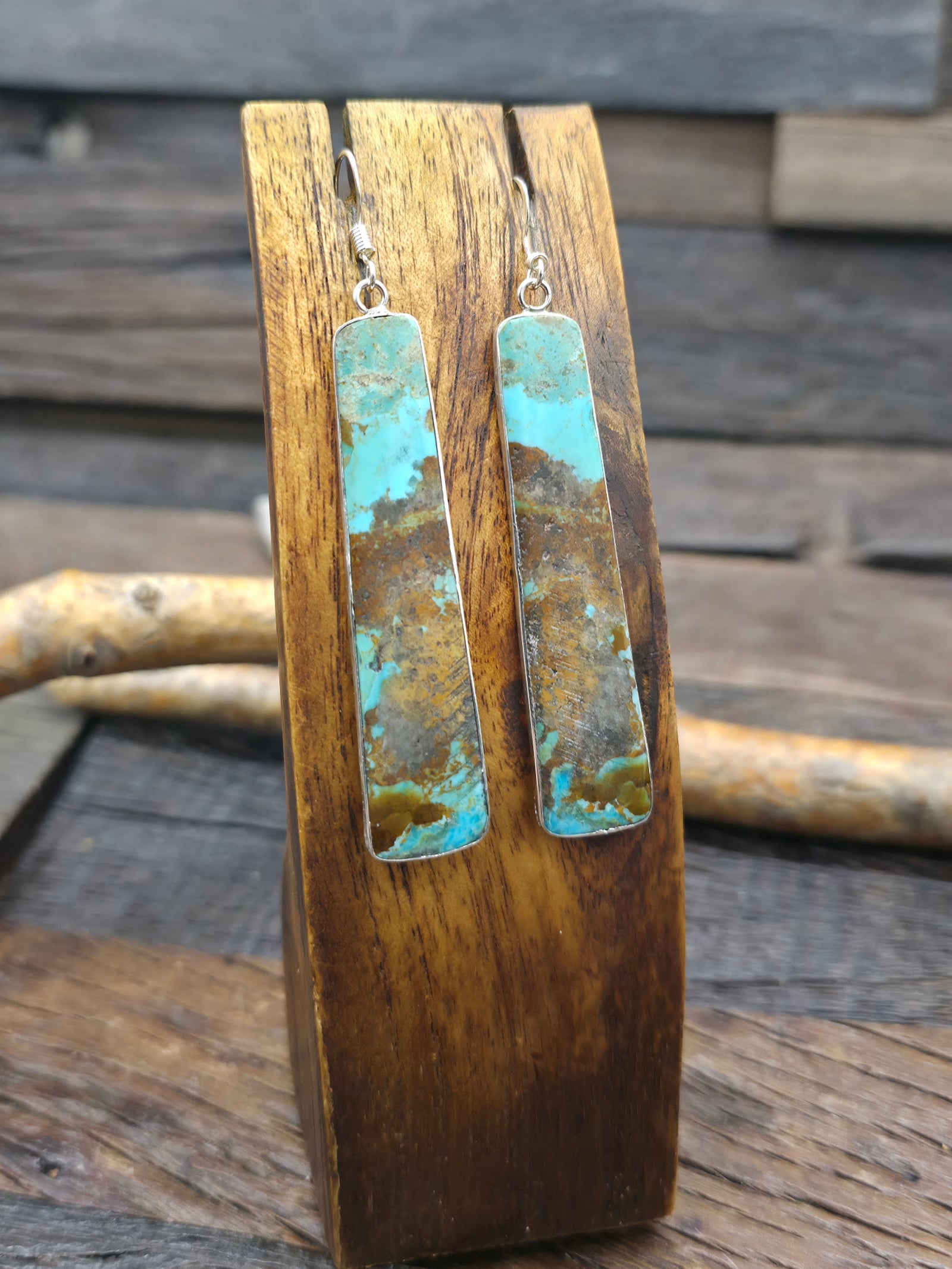 Long Brown and Green Turquoise Slab Earrings with Sterling Silver by Veronica Tortalita - 3 in. by 1/2 in.