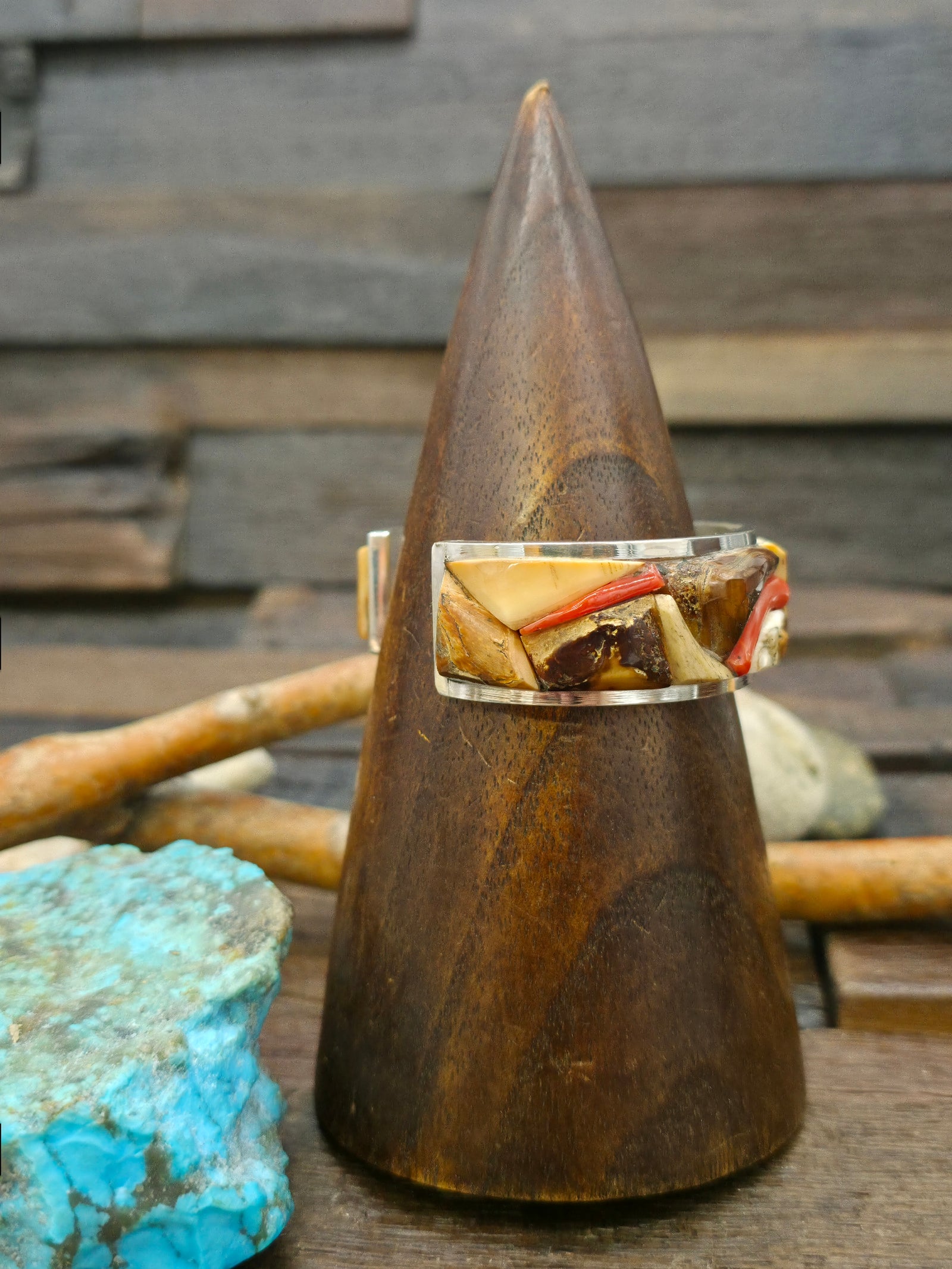 Sterling Silver Cobblestone Inlay Cuff with Coral and Fossil Ivory by Walter Vandever - 7 in.