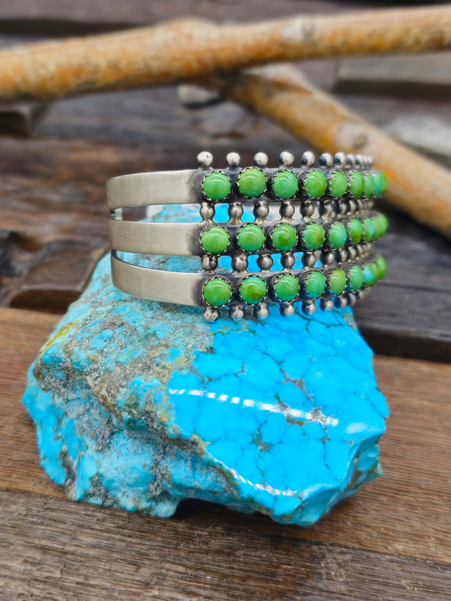 Three Row Green Turquoise Bracelet by Paul Livingston - 6 3/4 in.