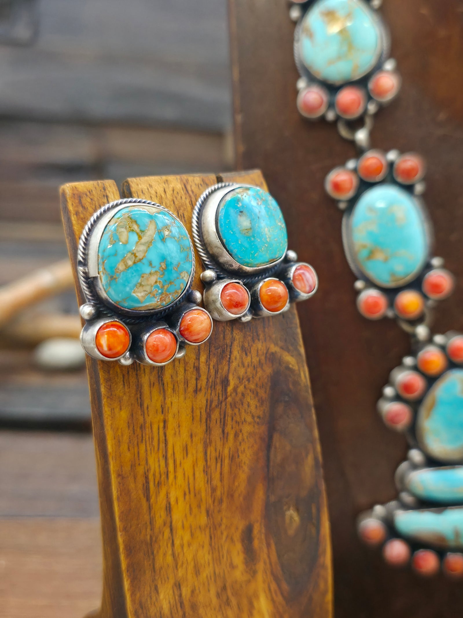 Sterling Silver Mixed Turquoise and Spiny Oyster Lariat Necklace and Earring Set by Shelia Becenti - 21 in.