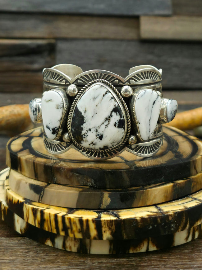 Stamped Sterling Silver and White Buffalo Cuff by Albert Jake  - 6 1/4 in.