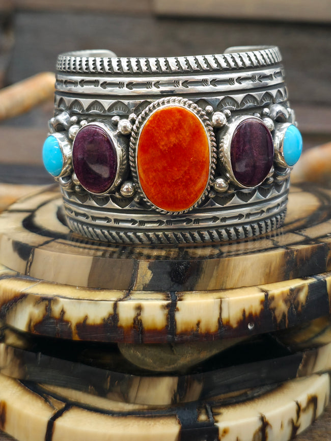 Stamped Sterling Silver Cuff with Purple and Orange Spiny and Turquoise by Happy Piasso - 6 1/4 in.