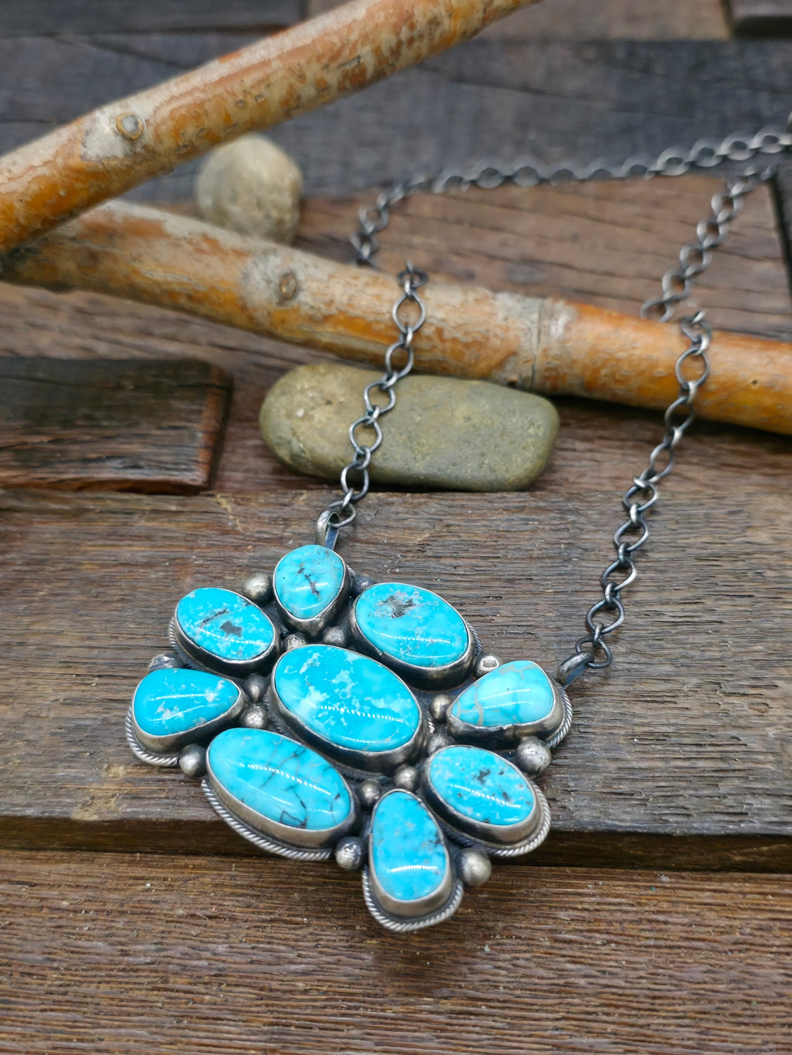 Sterling Silver Turquoise Cluster Pendant Necklace by Travis Jim. - 19 in.