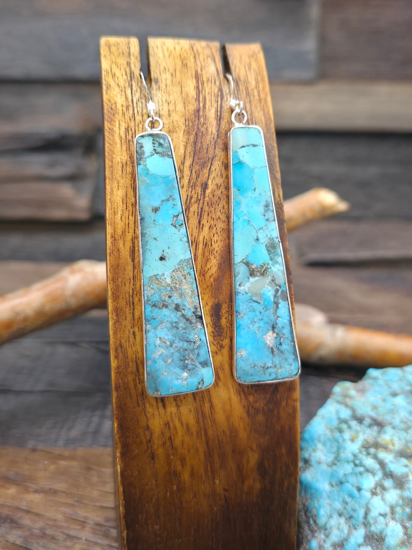 Long Turquoise Slab Earrings with Sterling Silver by Veronica Tortalita