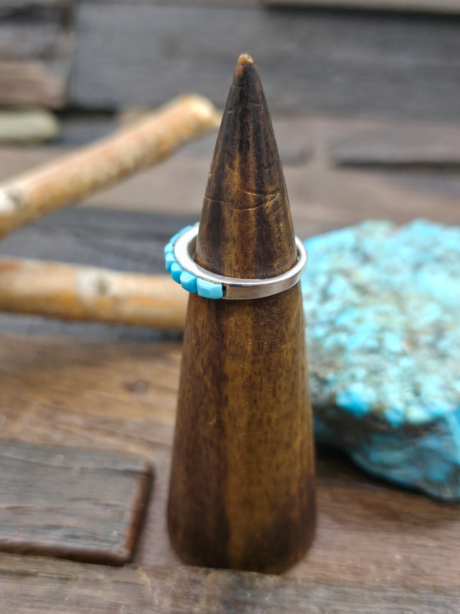 Turquoise Cobblestone Inlay Sterling Silver Ring by Albert Topaha - Size 8