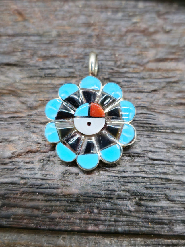 Turquoise, Coral, Mother of Pearl Inlay Sun Face Pendant by Romero Vacit - 3/4 inch