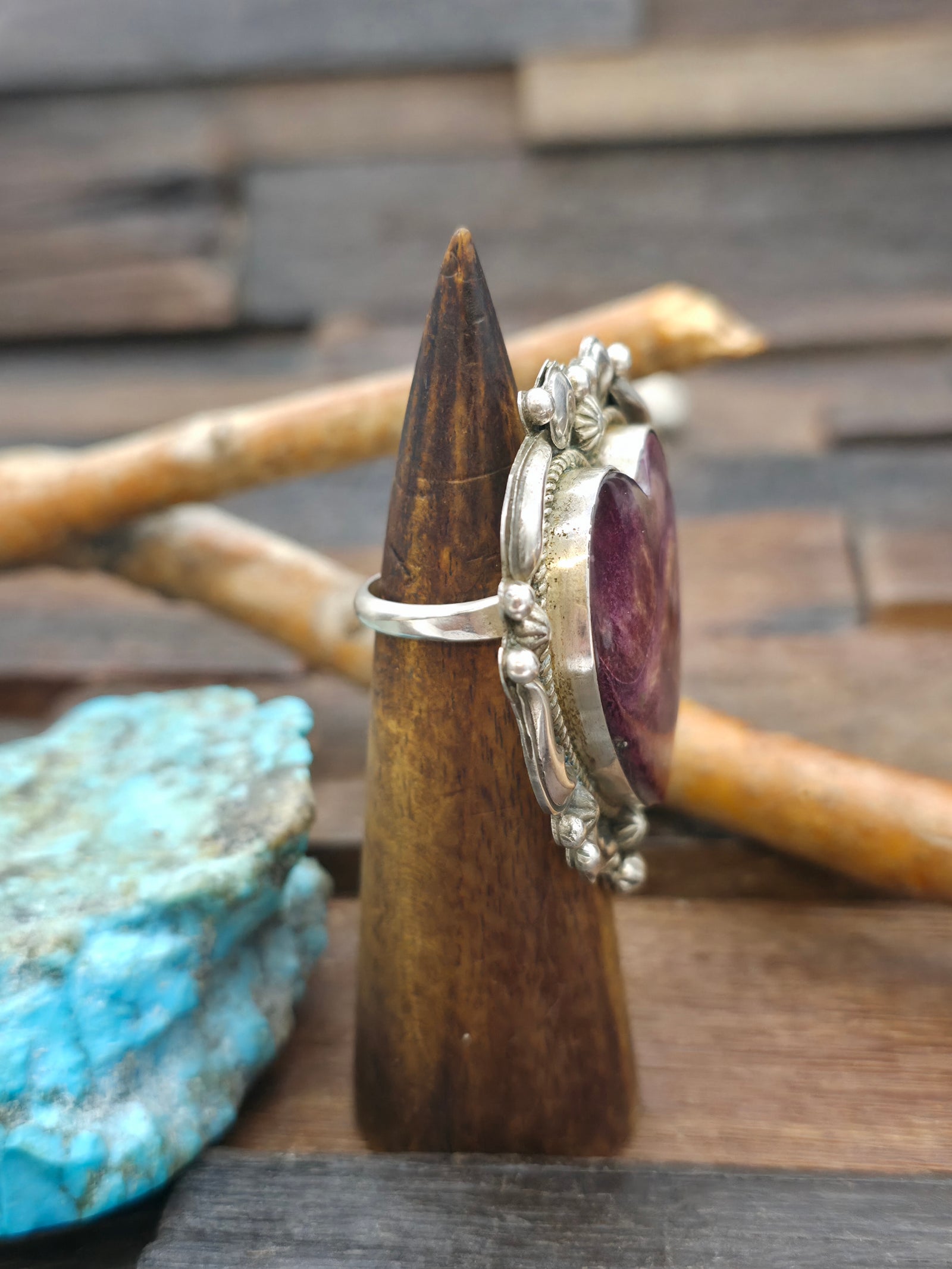 Large Repousse Stamped Sterling Silver Purple Spiny Ring by Richard Jim - Adjustable