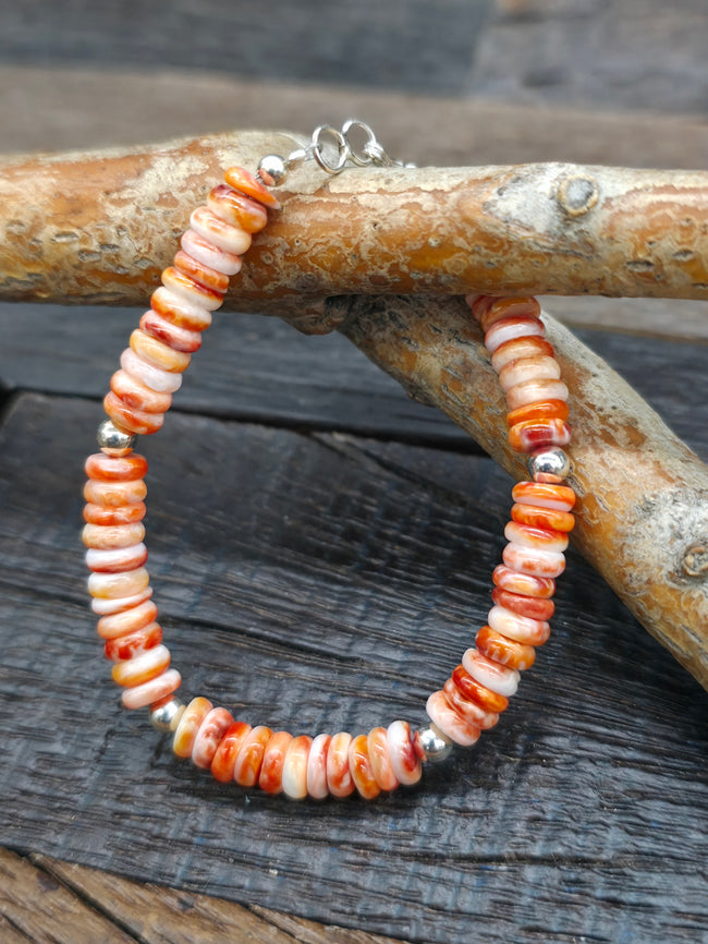 Orange and Red Spiny Oyster Bracelet with Sterling Silver Beads - 5 1/2 in.
