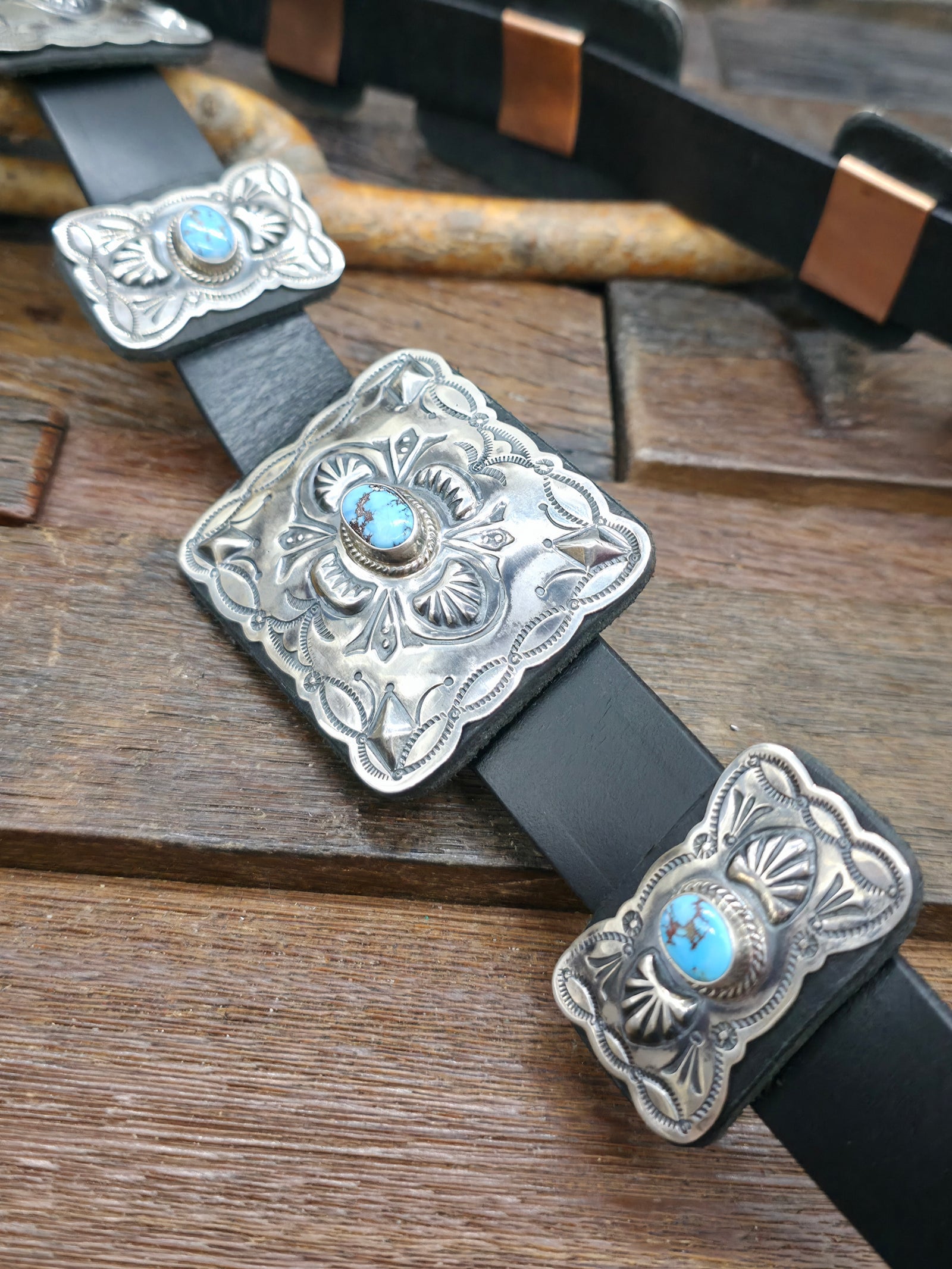 Sterling Silver Golden Hill Turquoise Concho Belt by Geraldine Yazzie - 54 in.